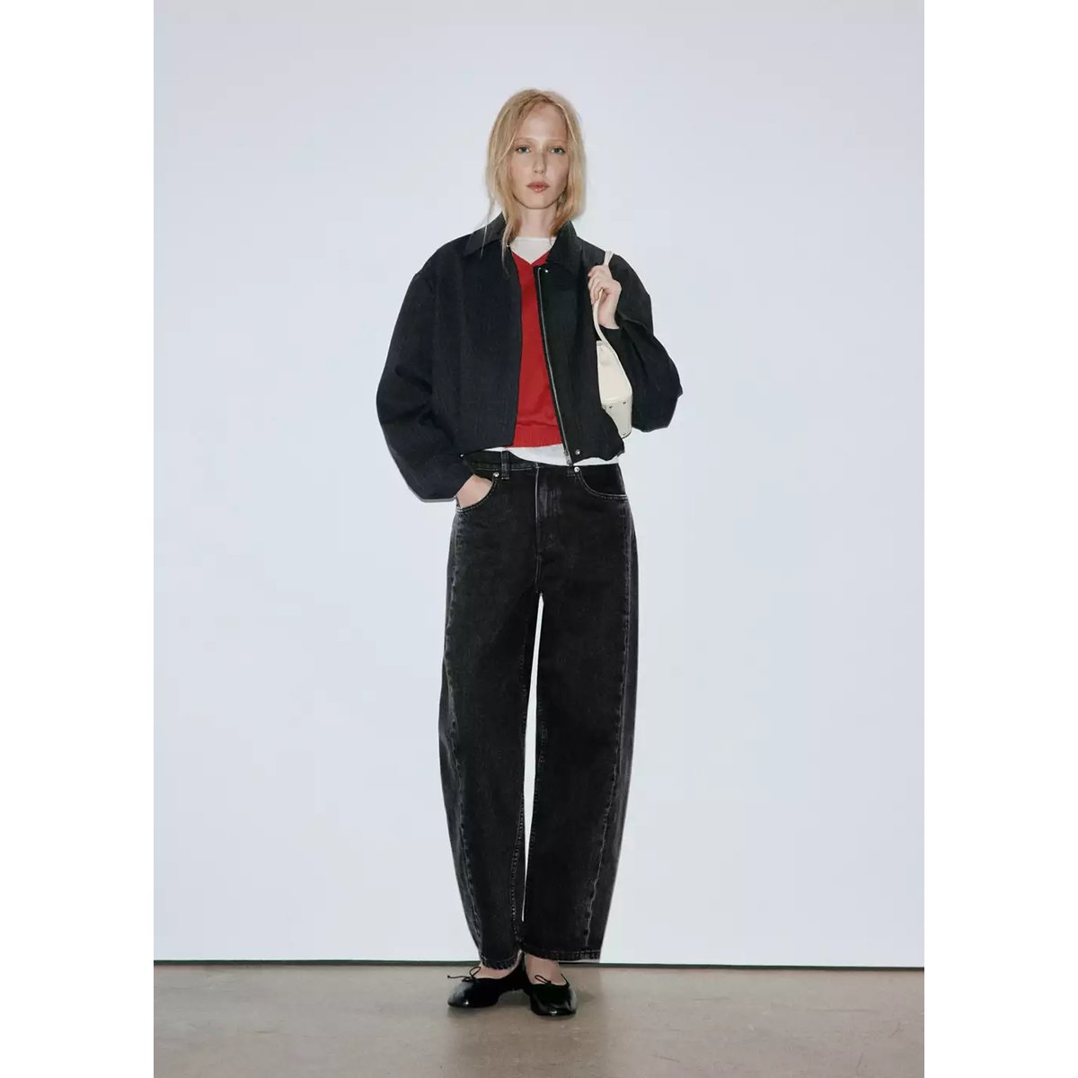 Jean balloon coutures black denim, MANGO