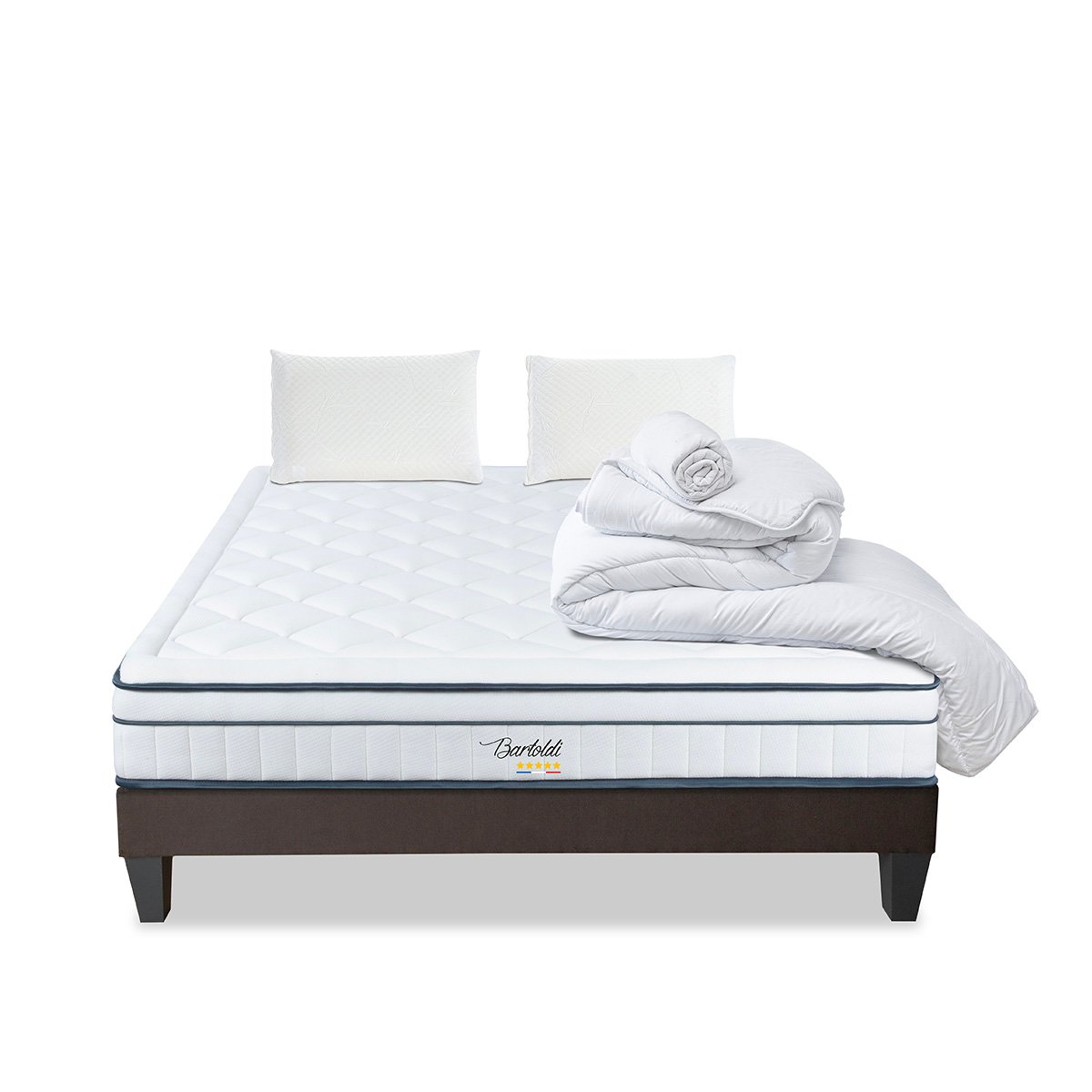 Pack Bartoldi 90x190 cm Matelas Ressorts + Sommier Bois + Accessoires blanc, BELLECOUR