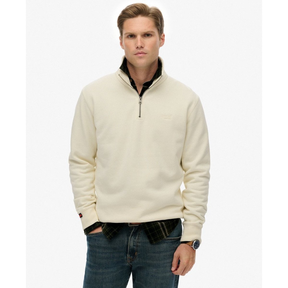 Sweat Demi-Zip Logo Essential blanc poussiéreux, SUPERDRY