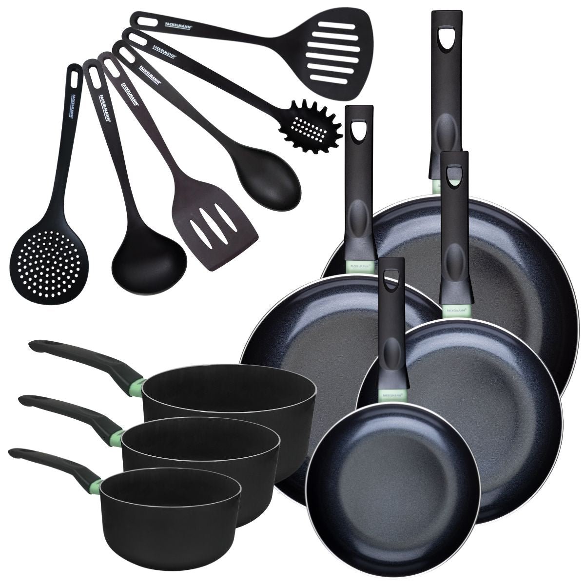 4 poêles 20/24/28/30cm + 3 casseroles 16/18/20cm BRANDAO noir|vert, FACKELMANN