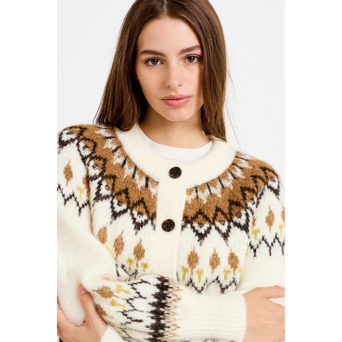 Gilet col rond manches longues ivoire, CACHE CACHE