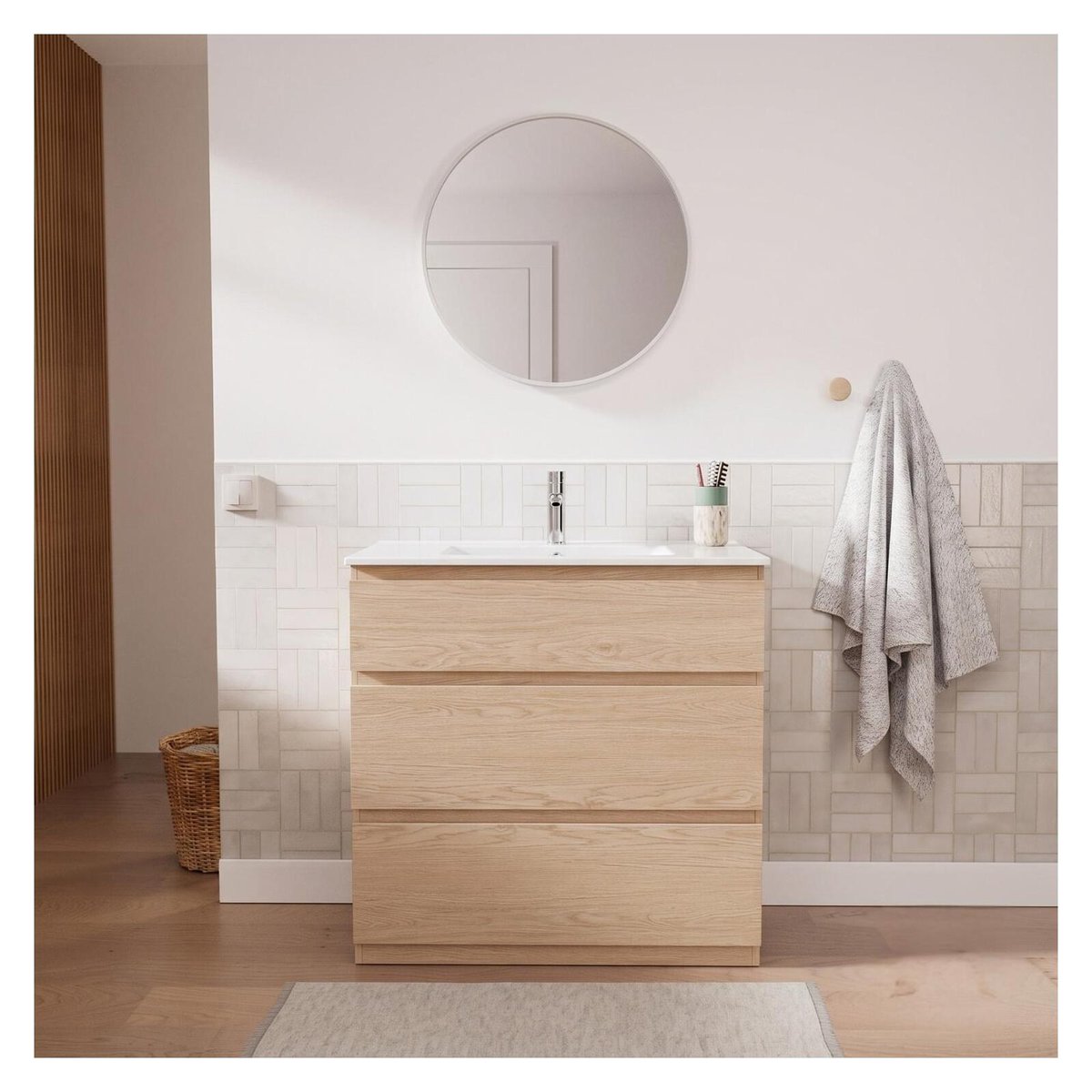 Meuble simple vasque 80cm - avec plan vasque céramique SORRENTO décor chêne, MOB IN