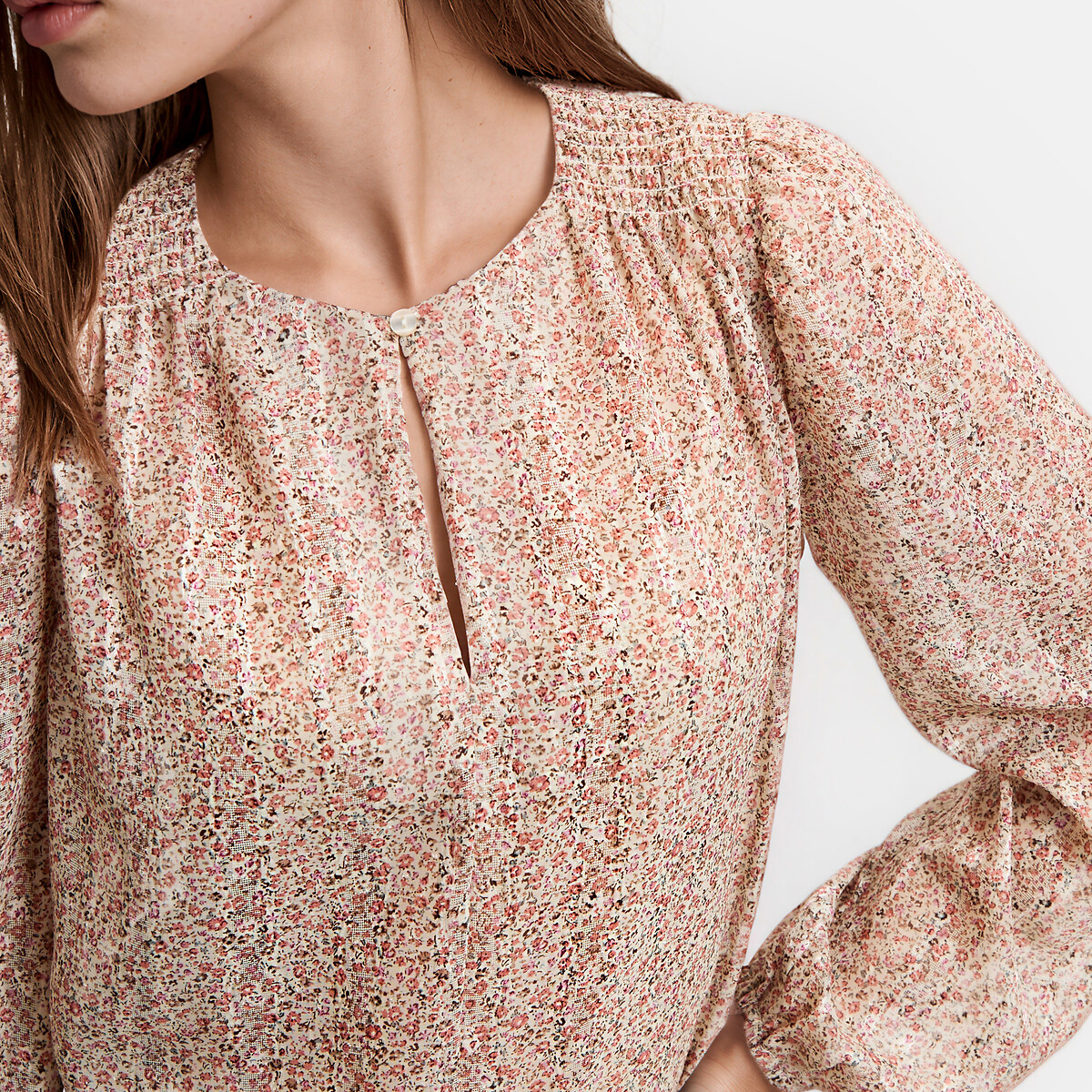 Blouse col rond imprimé floral manches longues imprimé fleuri rose, LA REDOUTE COLLECTIONS