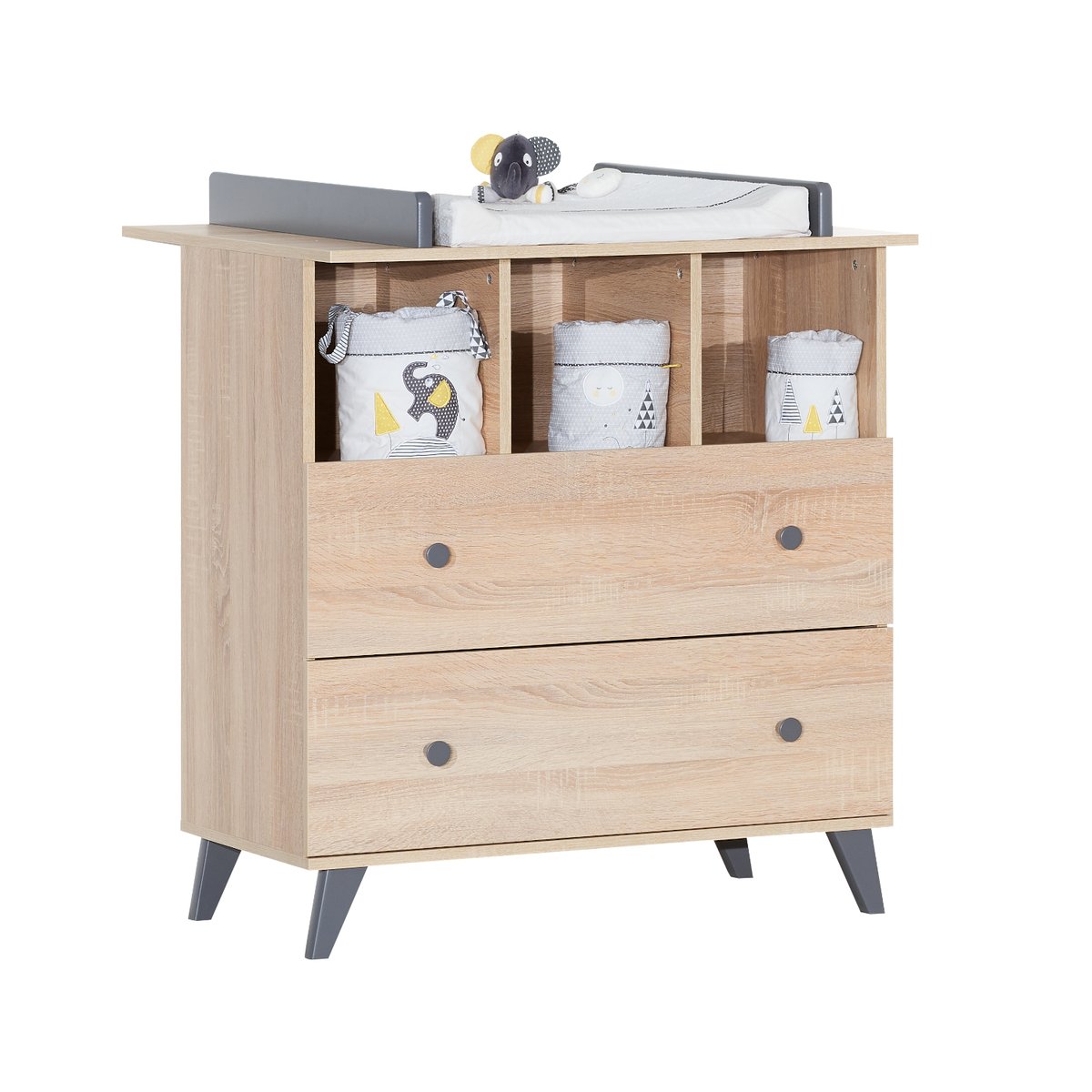 Chambre bébé duo: Lit bébé 60x120 et commode à langer 2 tiroirs décor bois chêne marron/gris, SAUTHON