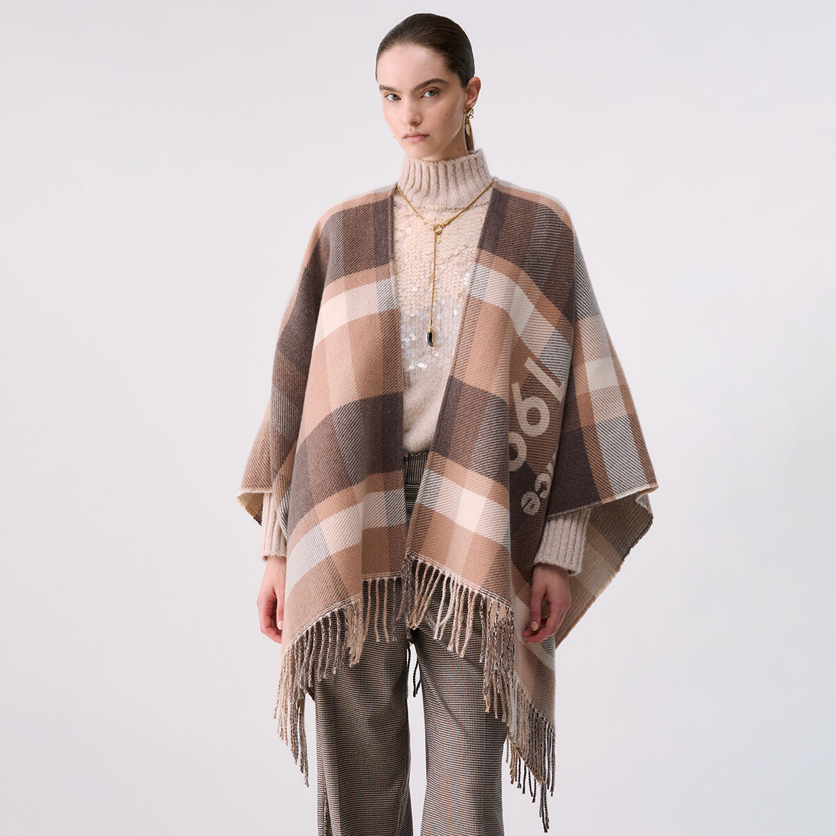 Poncho à carreaux jacquard beige, LIU JO