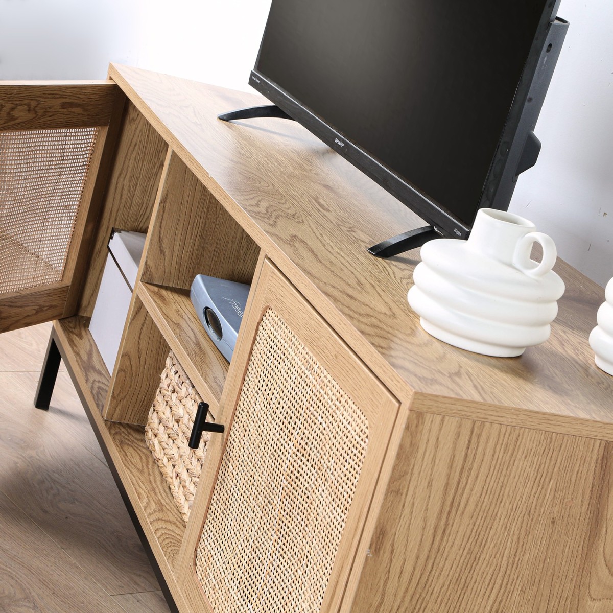 Meuble TV 2 Portes avec Cannage Rotin et 2 Niches L120cm - JAYA bois clair, CALICOSY