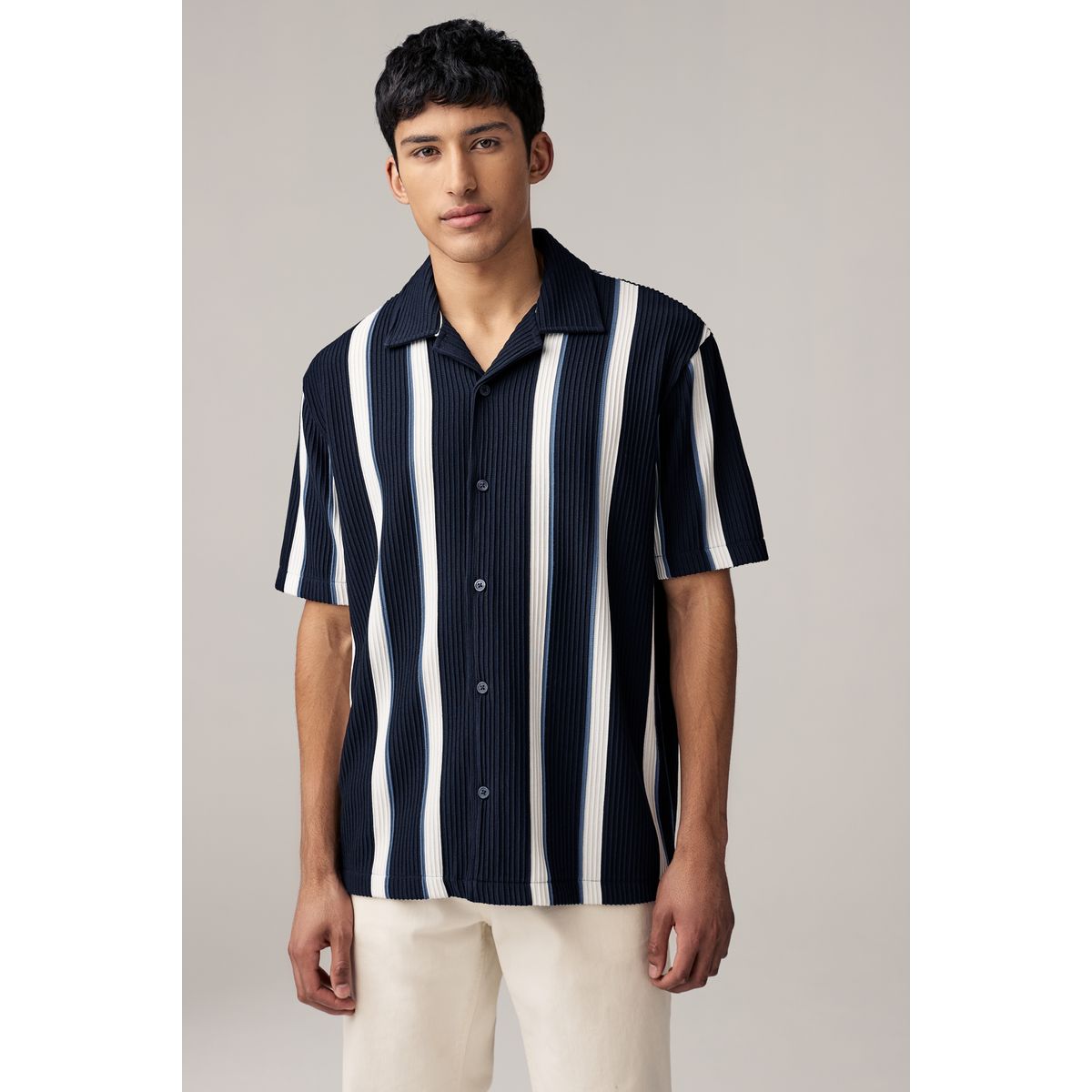 Chemise en jersey à rayures texturées bleu marine / blanc, NEXT