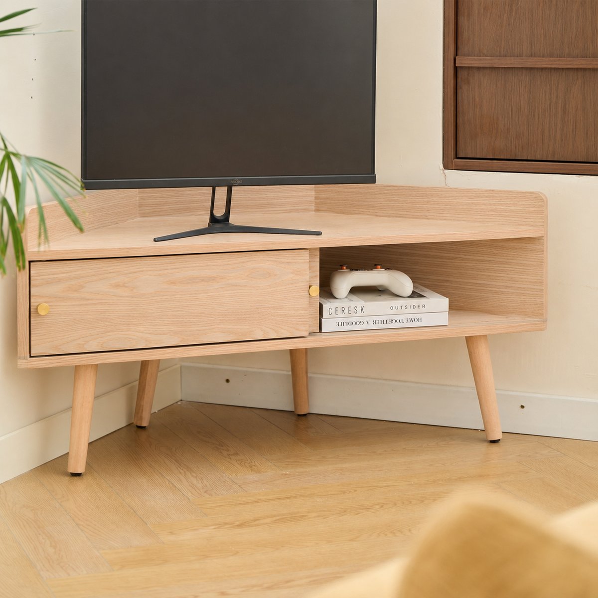Meuble TV d'angle 2 portes, bois, TORUN marron, NORDLYS