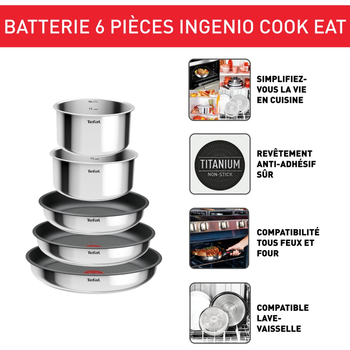Batterie de cuisine Ingenio Cook Eat 6pcs argenté, TEFAL