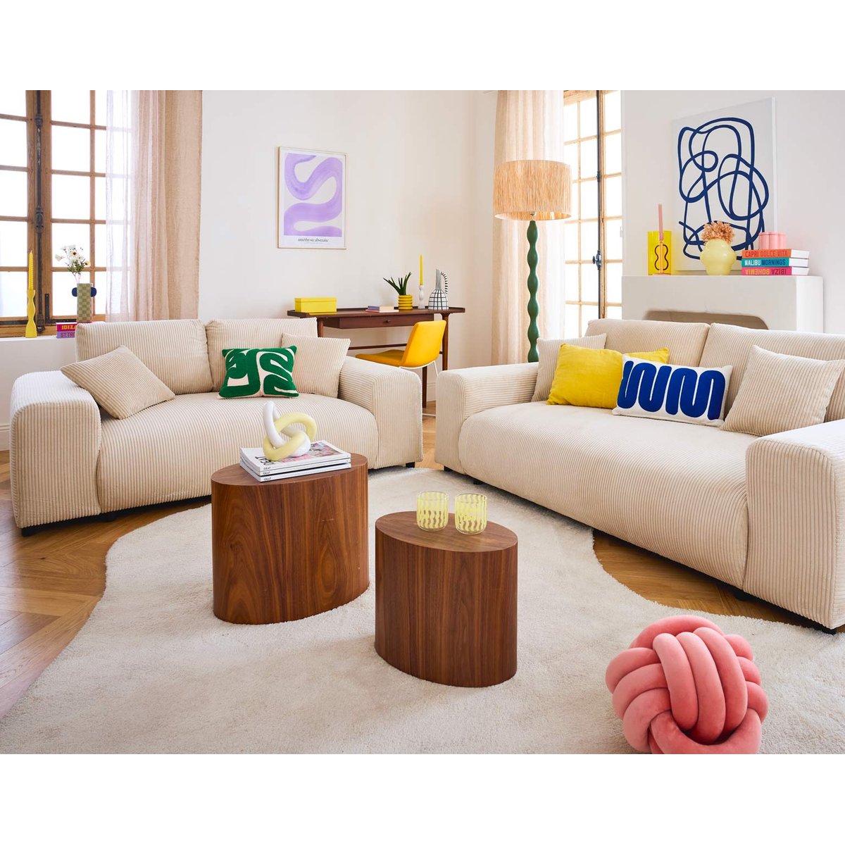 Garance - Ensemble de canapés droits 2+3 places velours côtelé beige, LISA DESIGN