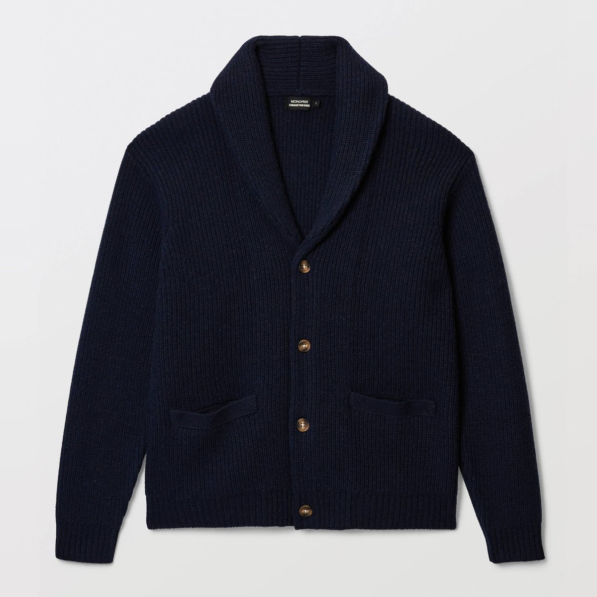 Gilet col châle en laine marine, MONOPRIX