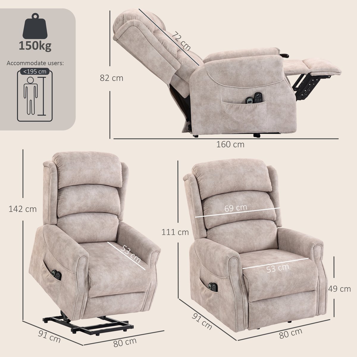 Fauteuil releveur multifonctionnel Velours beige, HOMCOM