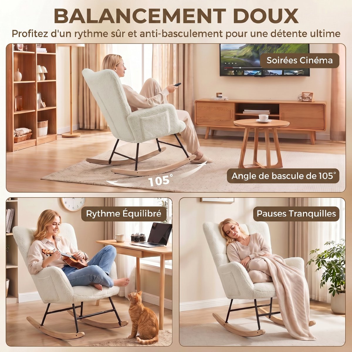 Fauteuil à bascule Peluche Teddy (100% crème, noir, HOMCOM