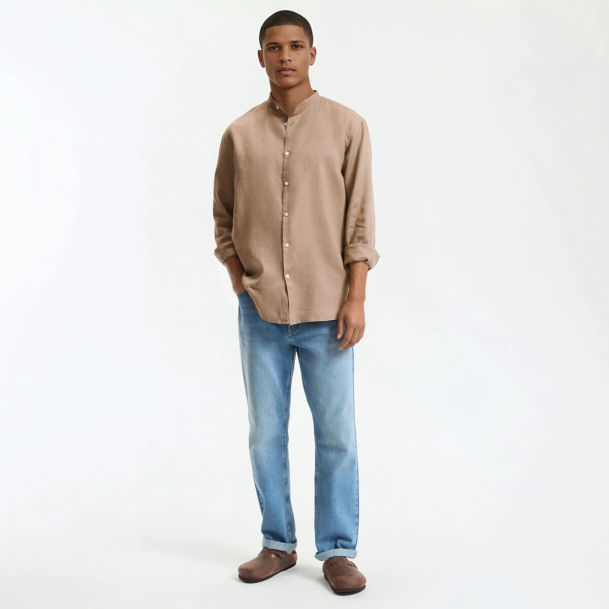 Camisa de lino recta con cuello mao, Signature AURELE beige tabaco, LA REDOUTE COLLECTIONS