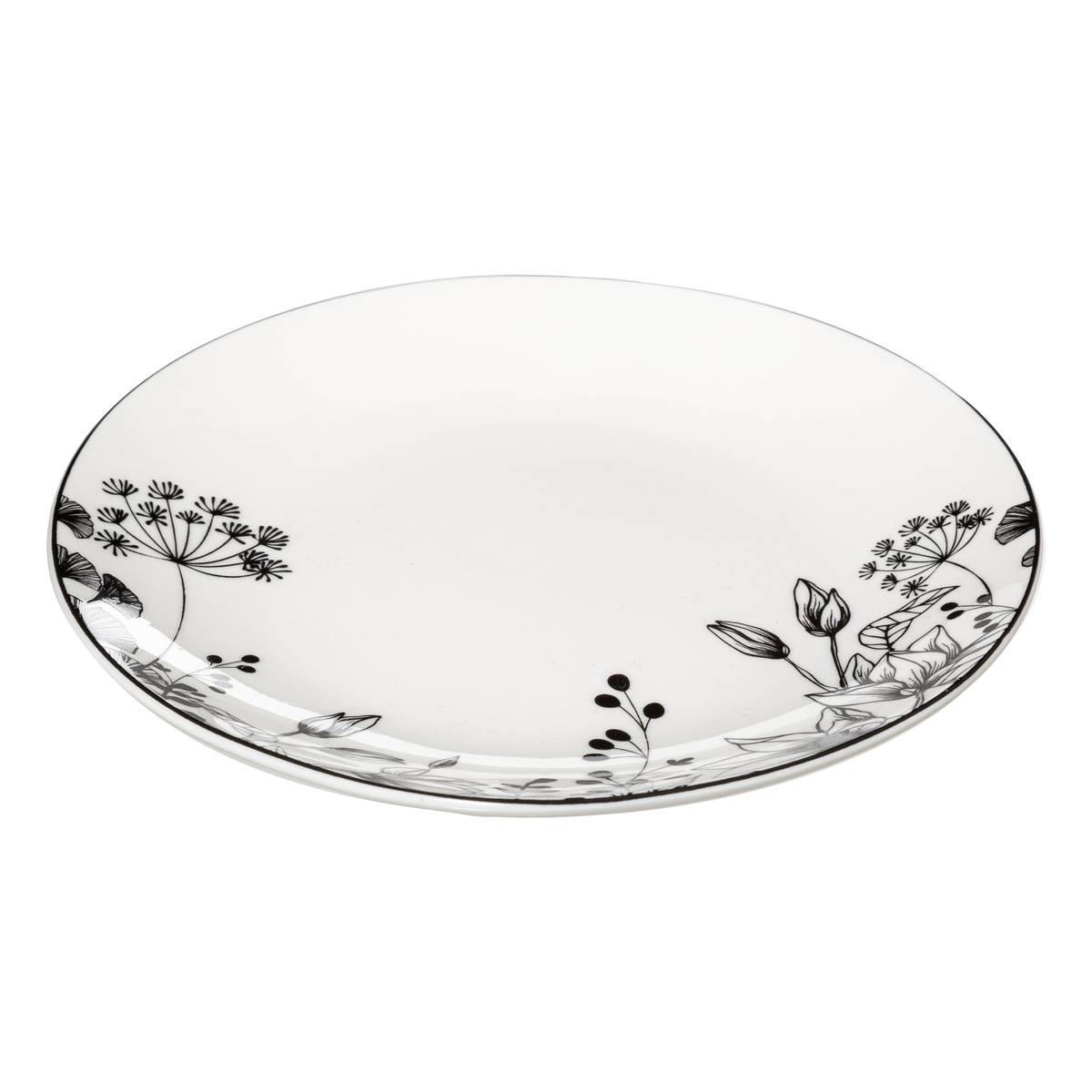 Lot de 6 assiettes à dessert en porcelaine WHITE FLORAL noir et blanc, SECRET DE GOURMET