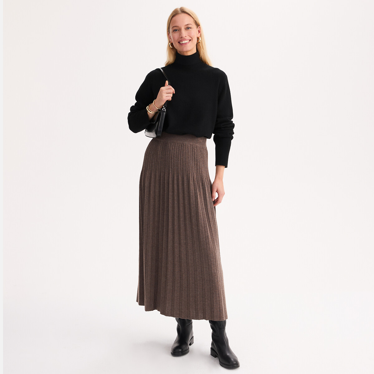 Jupe plissée en maille longueur midi marron glacé, ANNE WEYBURN
