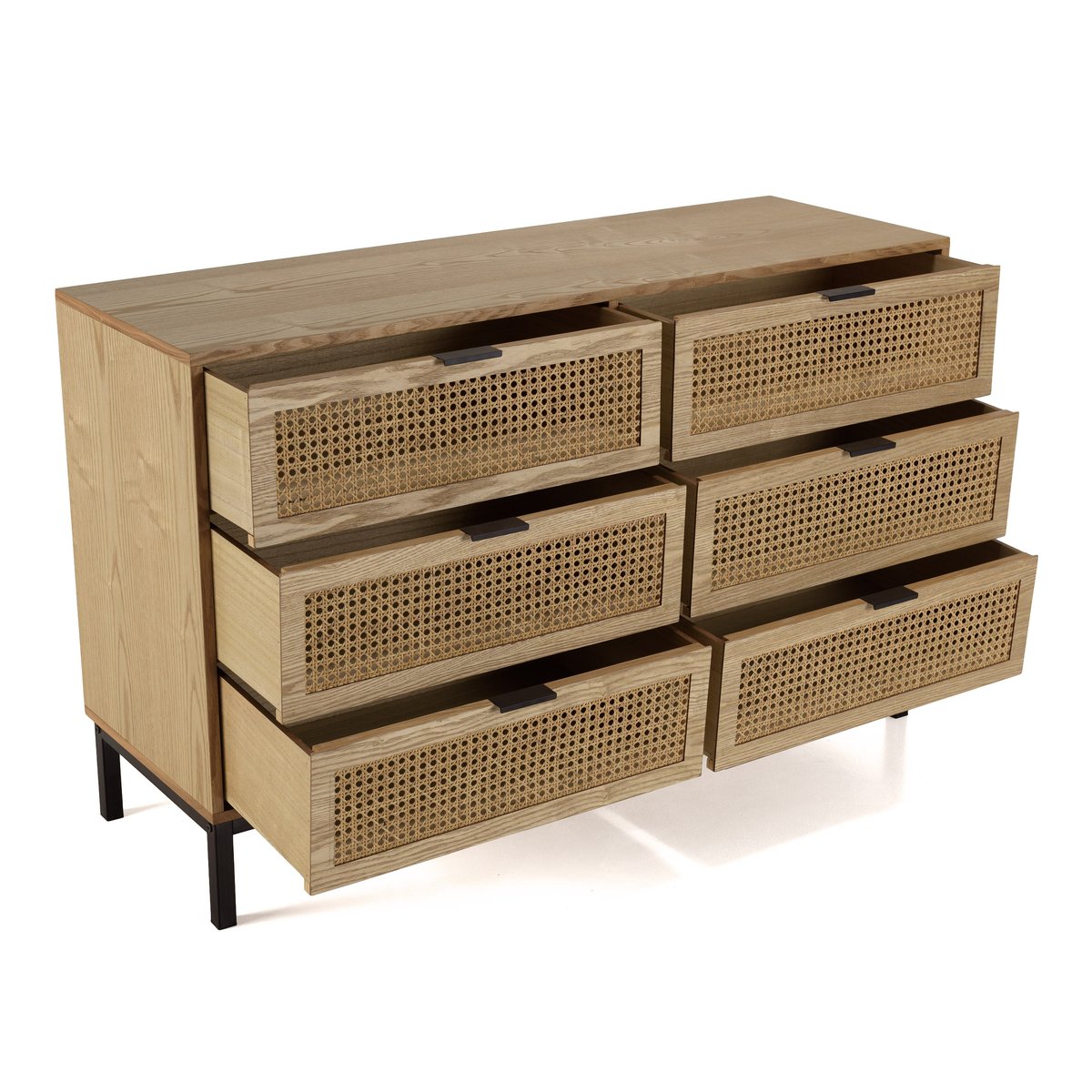 Commode 6 tiroirs bois clair et rotin pieds métal PALMA bois naturel, PIER IMPORT