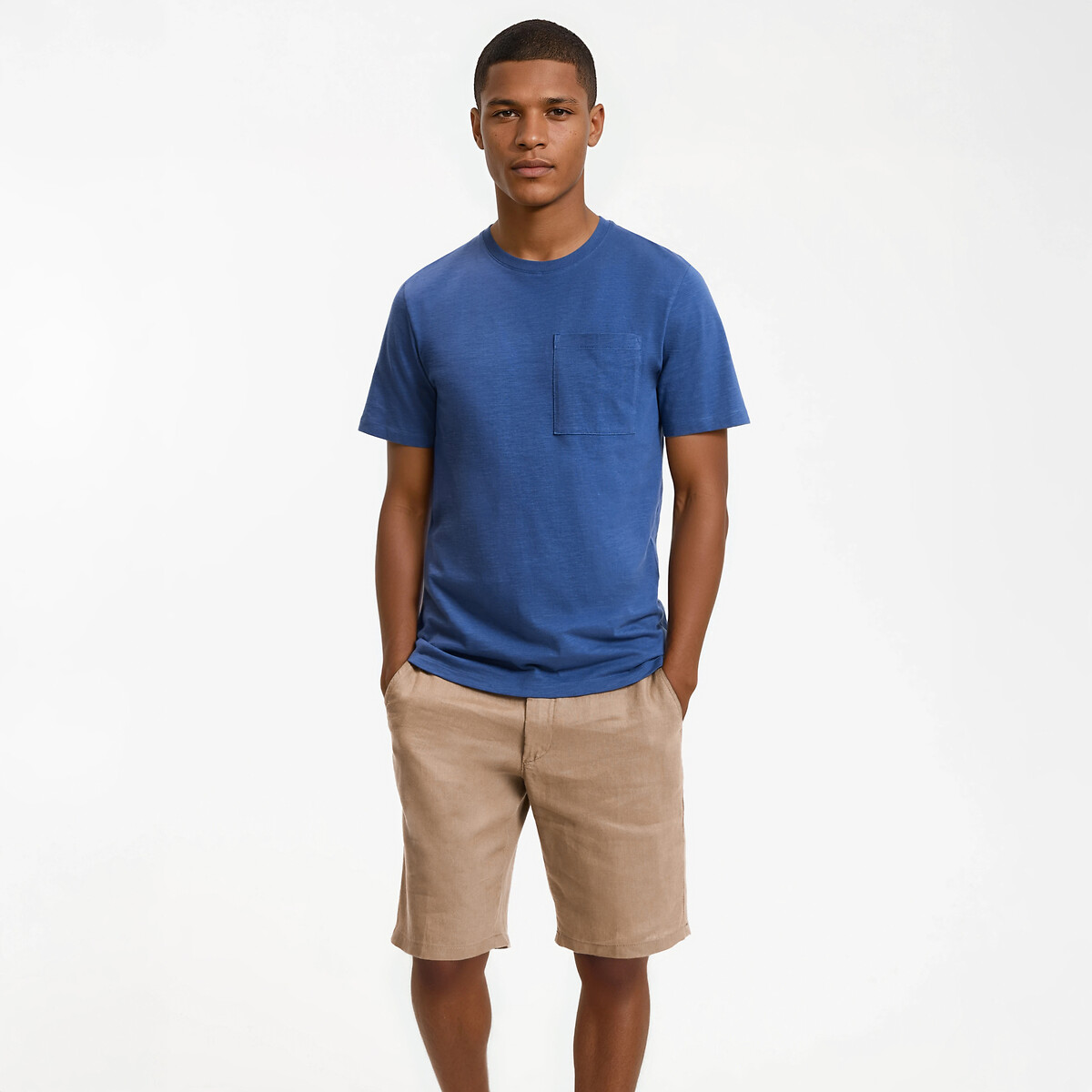 T-shirt col rond, fit regular, en coton slub bleu indigo, LA REDOUTE COLLECTIONS