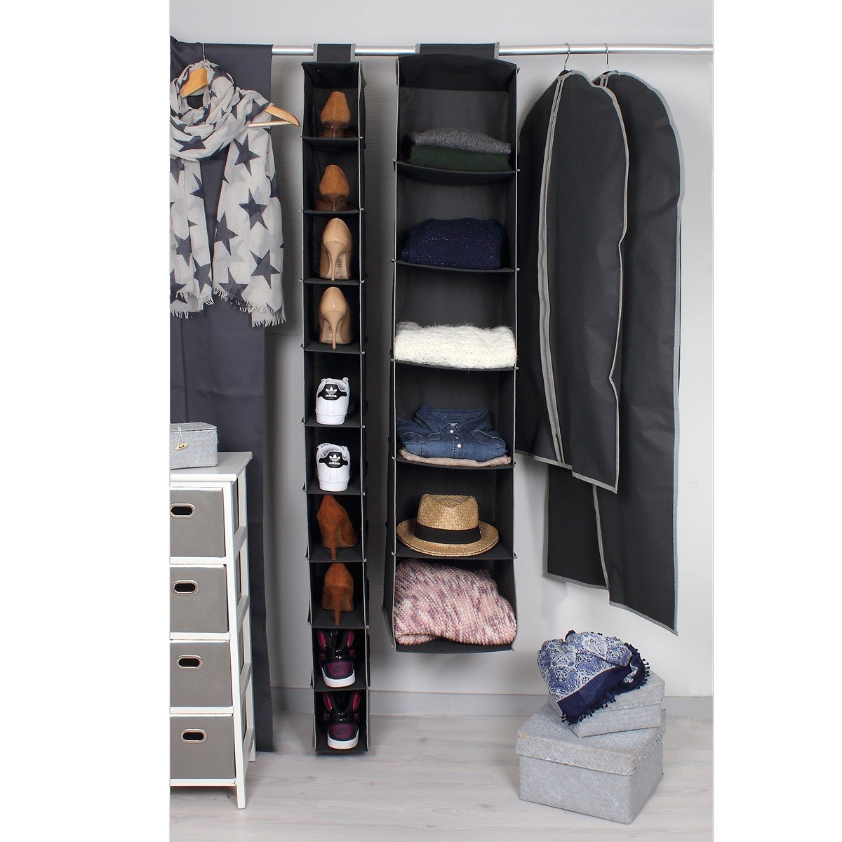 Rack en tissu pour pull avec 6 cases gris anthracite, CALICOSY