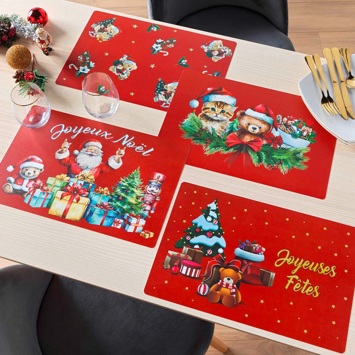 Set de table opaque Ourson et chaton de Noel rouge, EDEN
