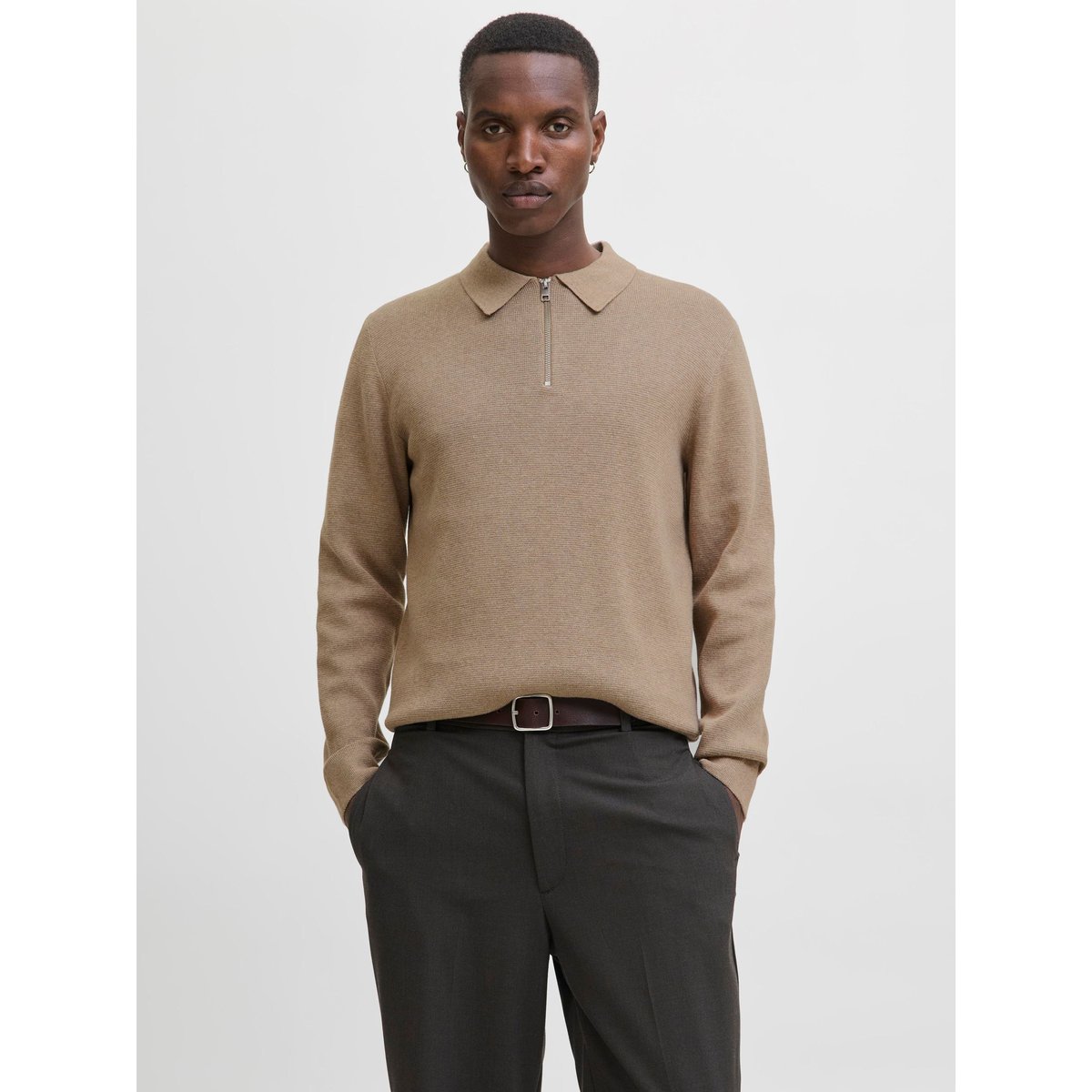 Pull col polo, demi-zippé greige, JACK & JONES