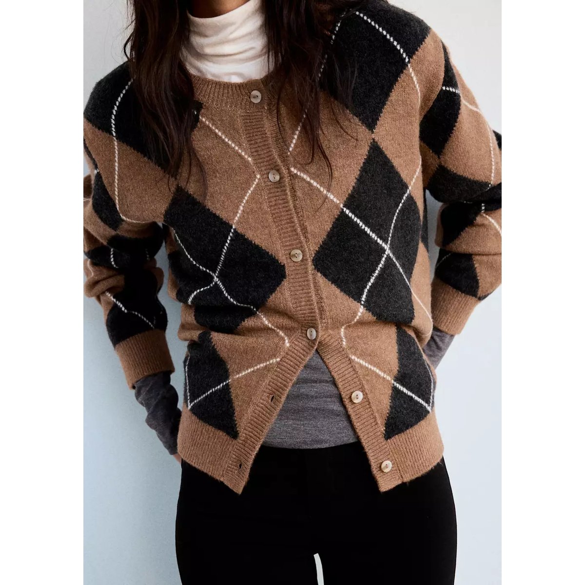 Cardigan losanges détail foulard marron moyen, MANGO