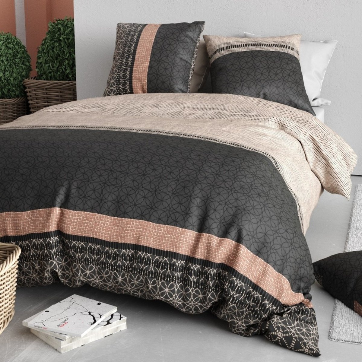 Housse de couette 100% coton 57 fils + 2 taies d’oreiller multicolore, DECORATIE