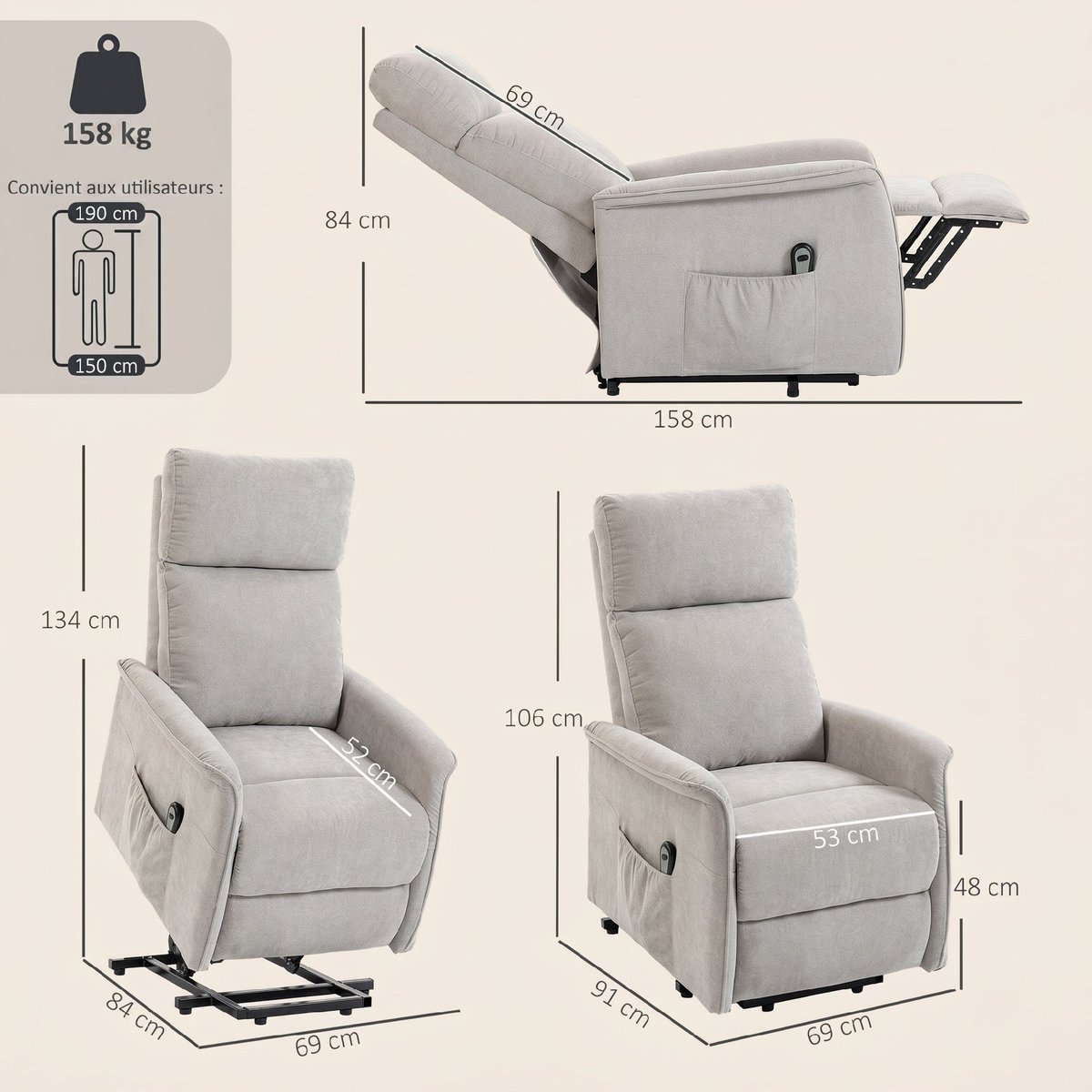 Fauteuil releveur électrique Chenille (100% gris clair, HOMCOM