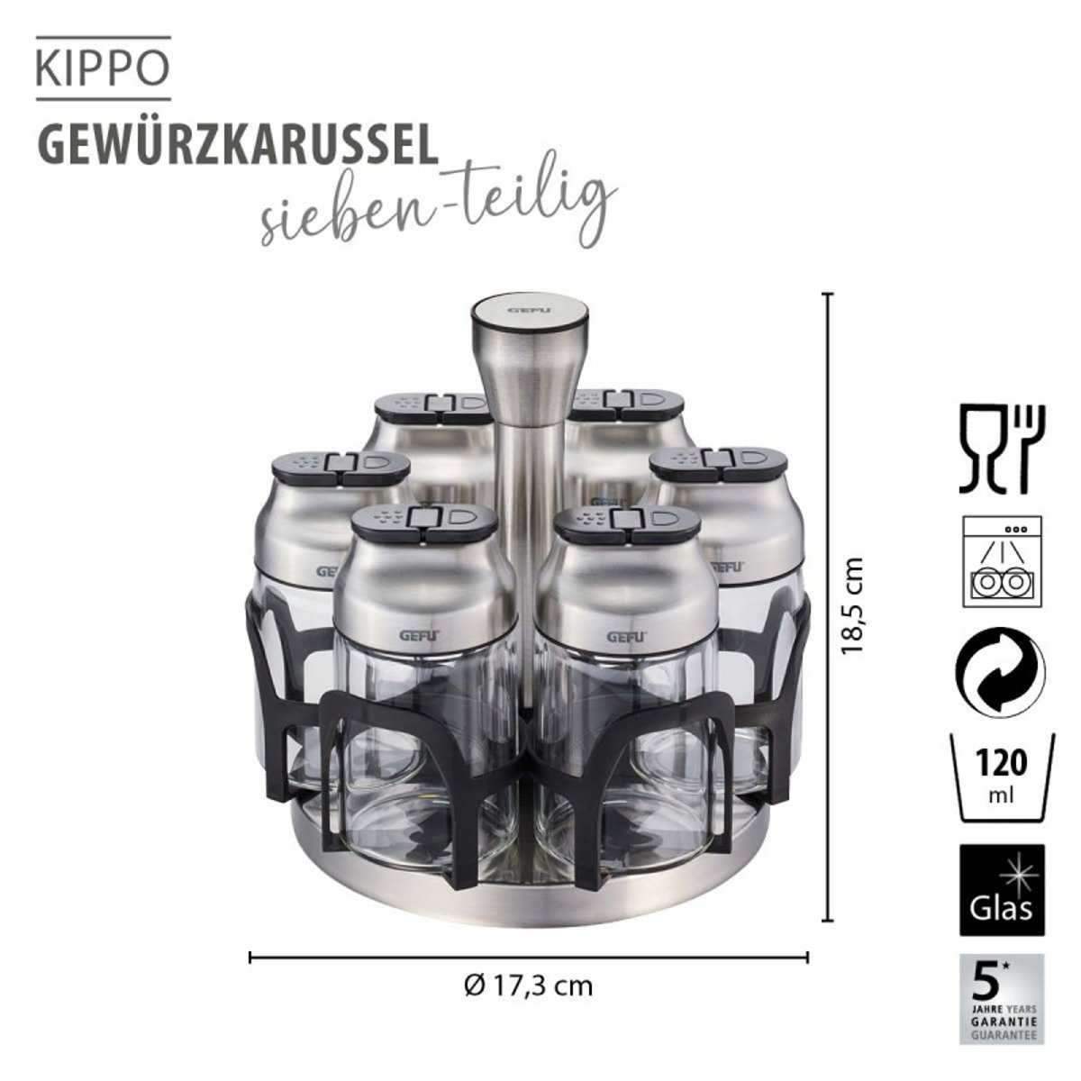 Carrousel à épices KIPPO, 7 pièces noir/argent/transparent, GEFU