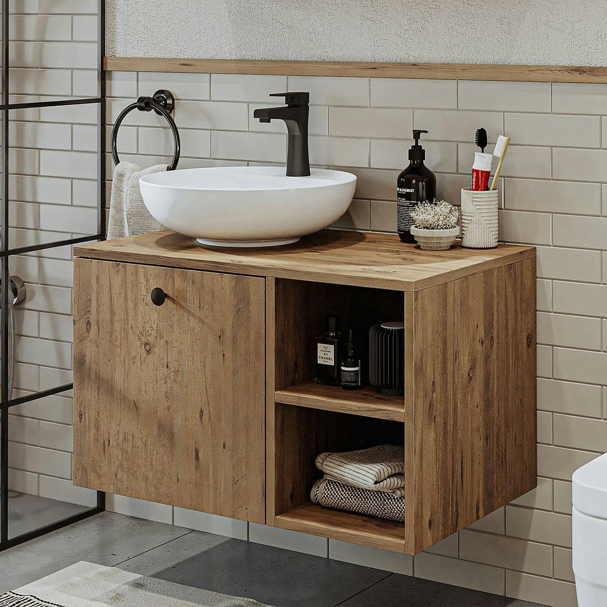 Meuble sous vasque + vasque ronde TIMA pin, PIER IMPORT