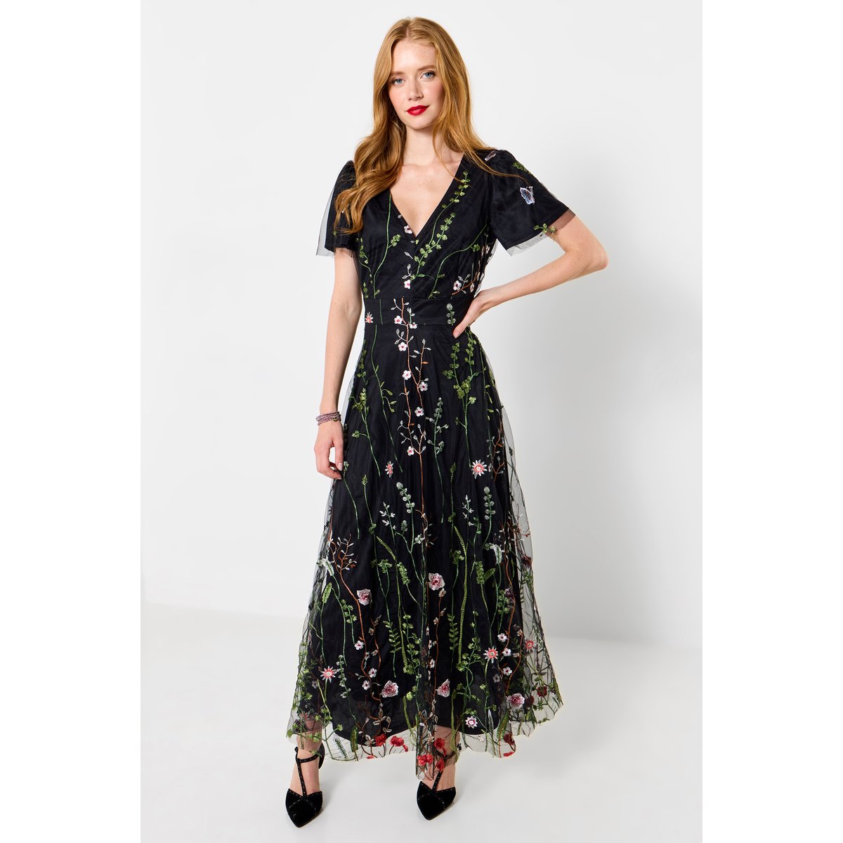 Robe Longue Brodée Fleurs Spectaculaires noir, JOE BROWNS
