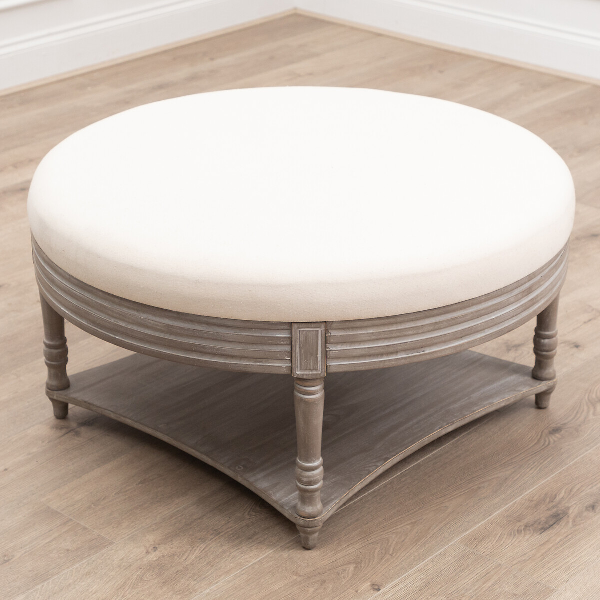 Maurice Round Linen Upholstered Ottoman Storage Footstool raw linen, VOYAGE MAISON