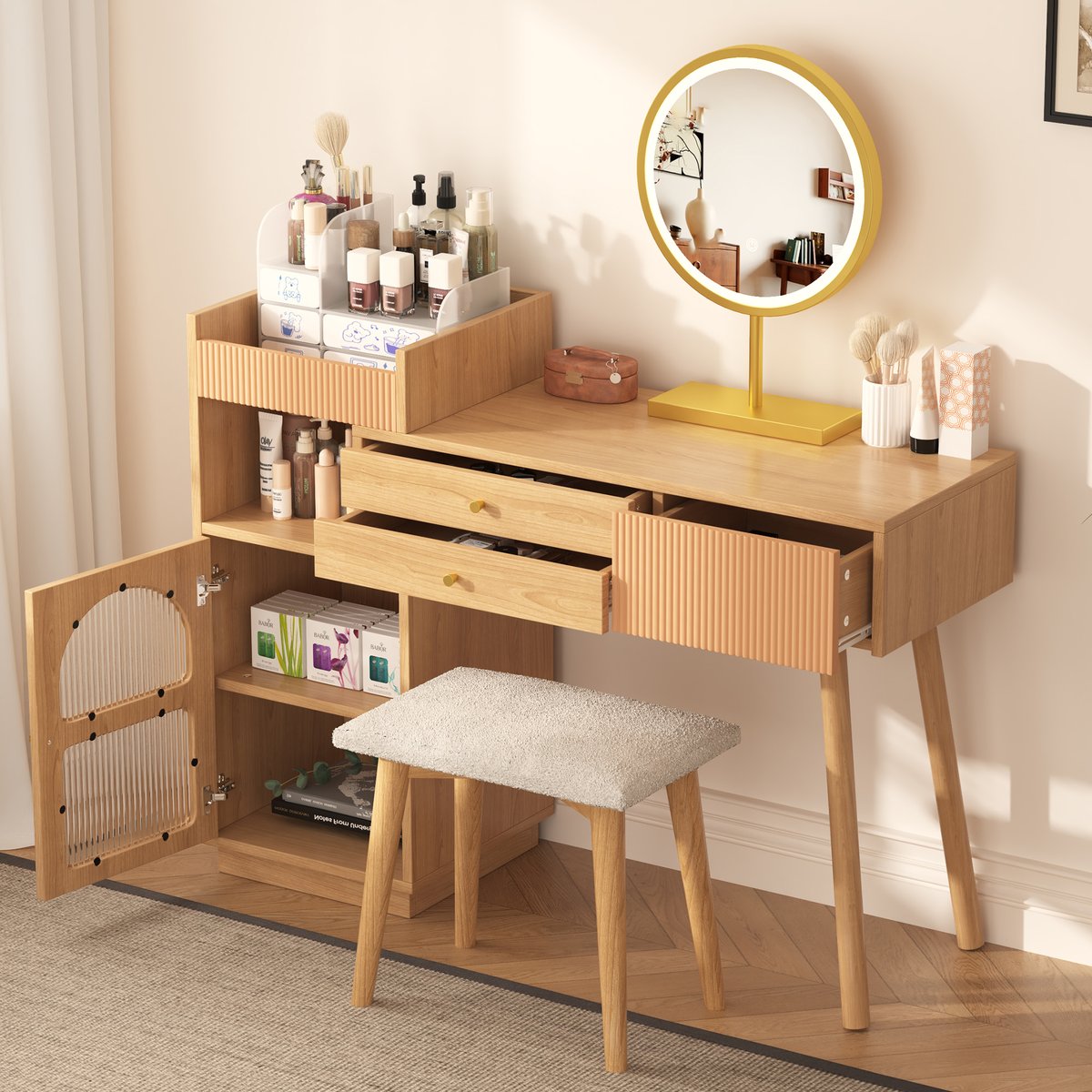 Coiffeuse table de maquillage avec 2 tiroirs 1 porte et 2 niches scandinave, ULTRAC chêne, MEUBLES COSY