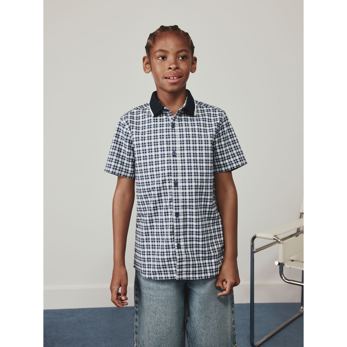 Chemise habillée à manches courtes vichy marine, NEXT