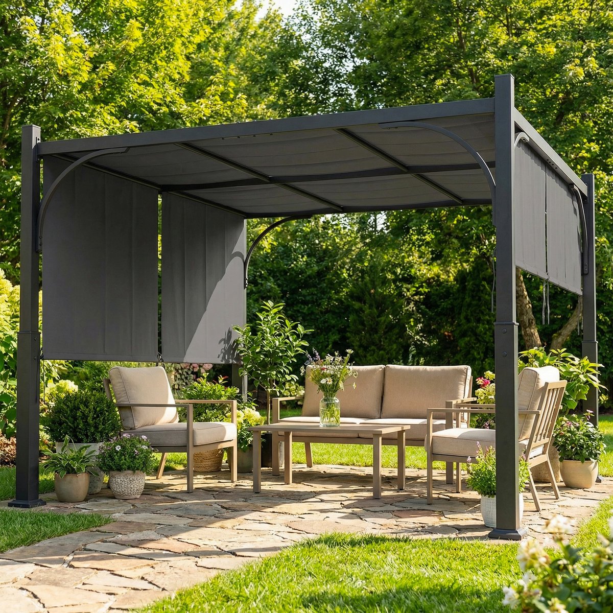 Pergola de jardin 3 x 3 m auvent coulissant métal galvanisé gris, OUTSUNNY