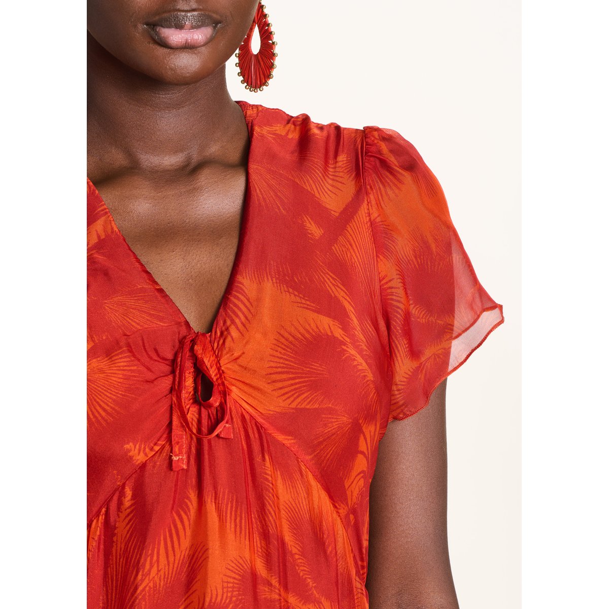 Robe longue ajustée en voile à imprimé floral orange, LA FEE MARABOUTEE