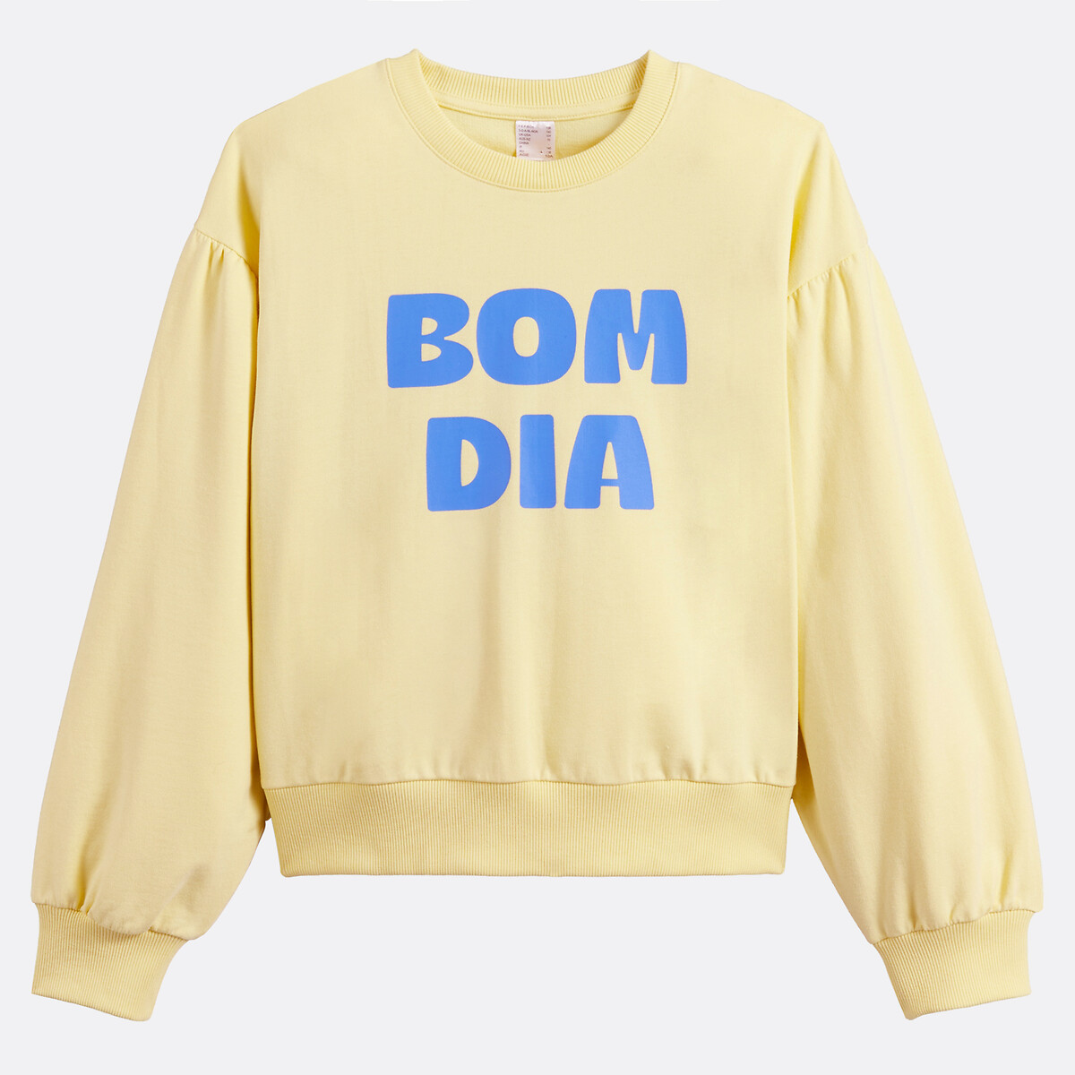 Sweat col rond, à manches longues bouffantes, en molleton, texte imprimé devant jaune, LA REDOUTE COLLECTIONS