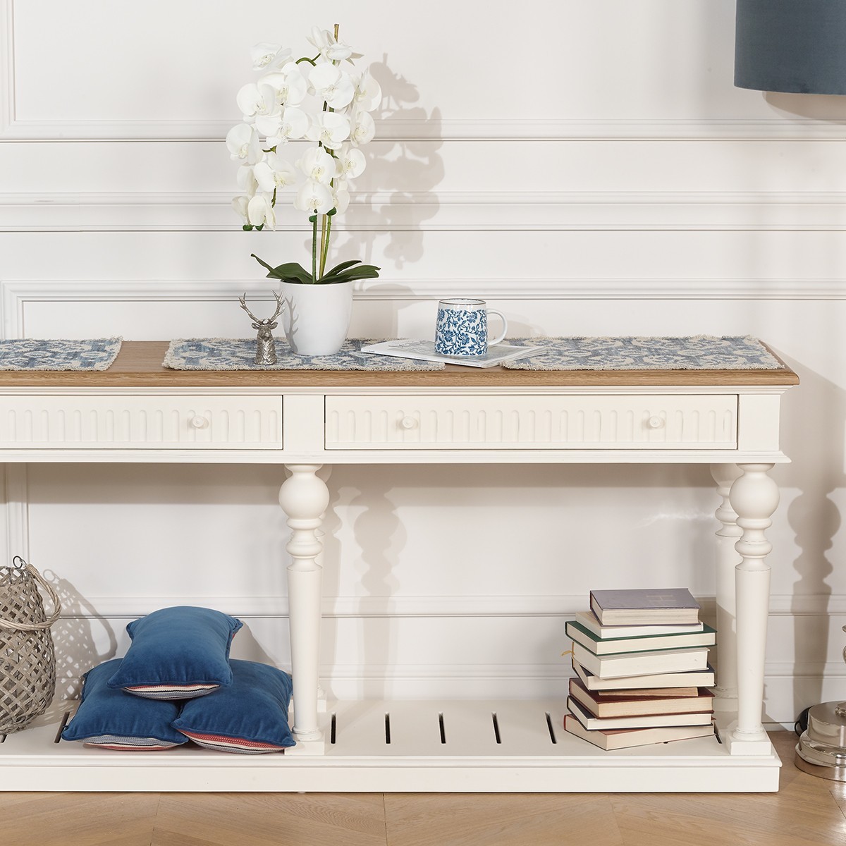 Console style shabby chic, plateau en chêne, 2 tiroirs AUDE blanc, ROBIN DES BOIS