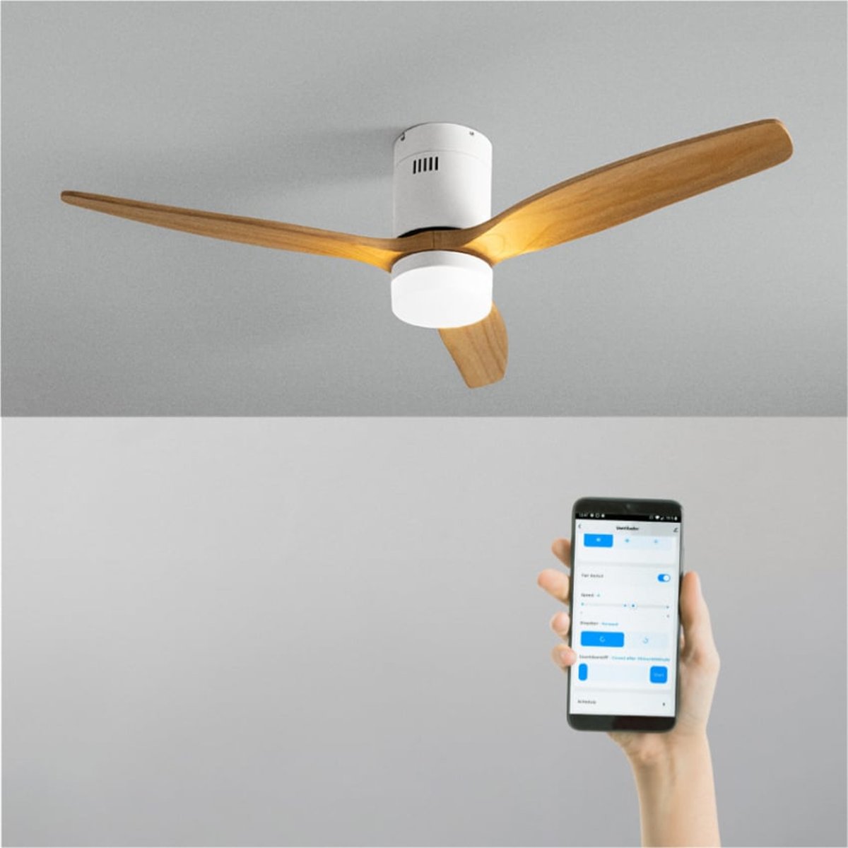 Ventilateur de plafond 40W avec lumière et Wi-Fi WIND CALM NATURAL WOOD blanc/blanc, CREATE