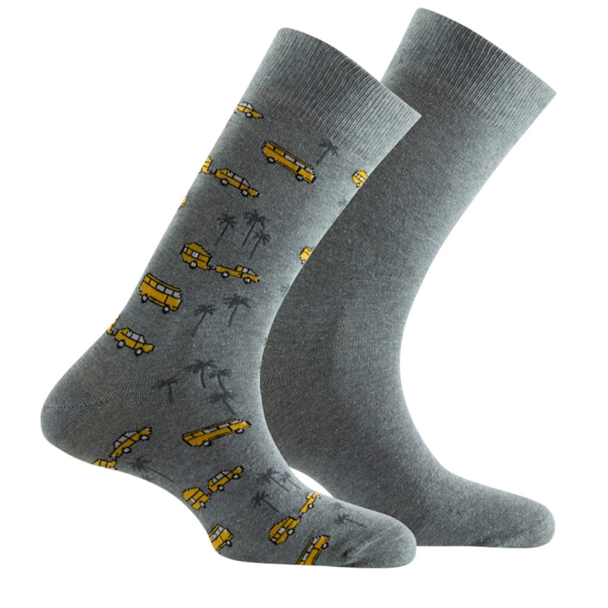 Lot de 2 Mi-chaussettes tendance homme coton en route pour les vacances : all over + unie gris, KINDY