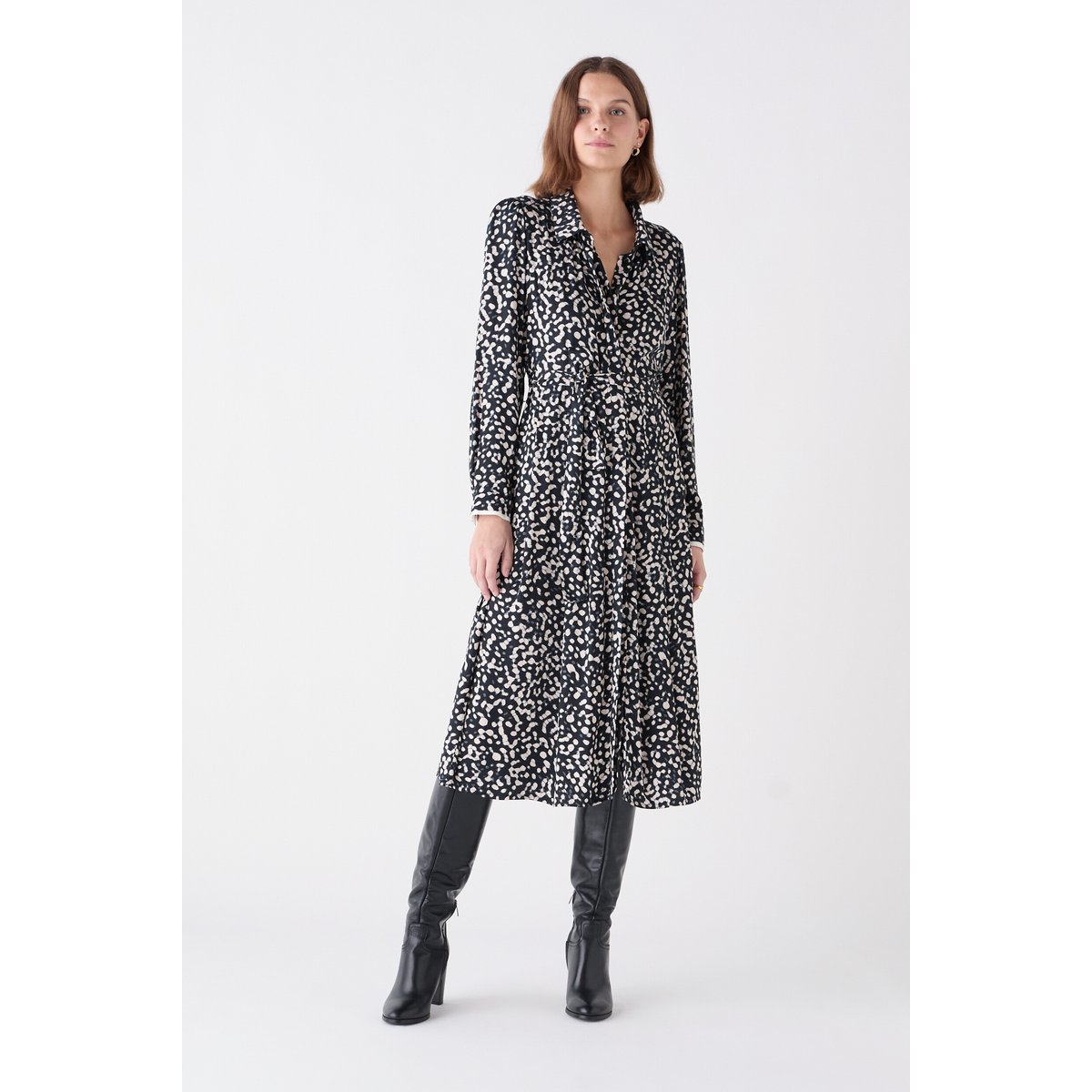 Robe évasée col chemise RILESTA noir, CAROLL