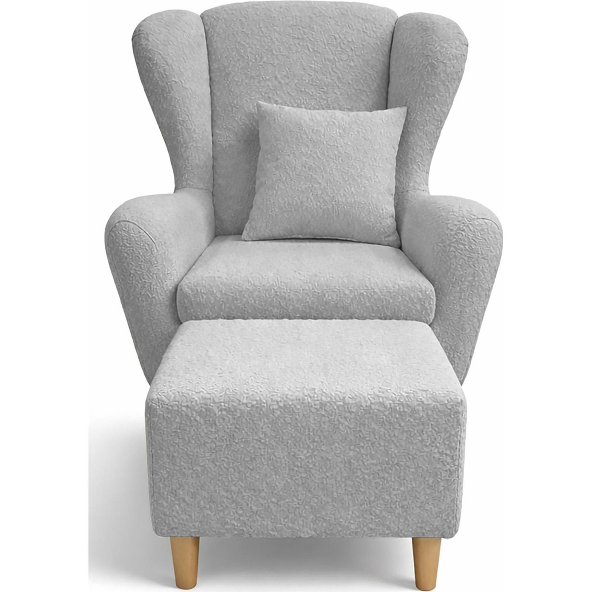 Fauteuil à oreilles chenille et repose-pieds gris clair bouclé alice, RECOLLECTION