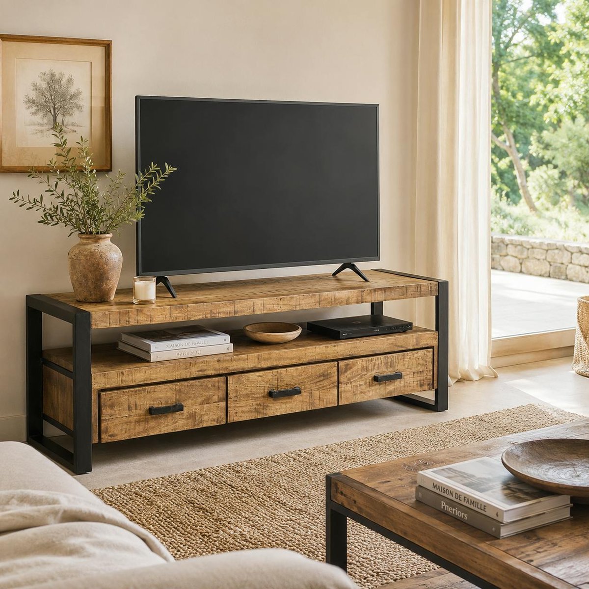 Meuble TV bois métal à double plateau KARGO bois naturel, PIER IMPORT