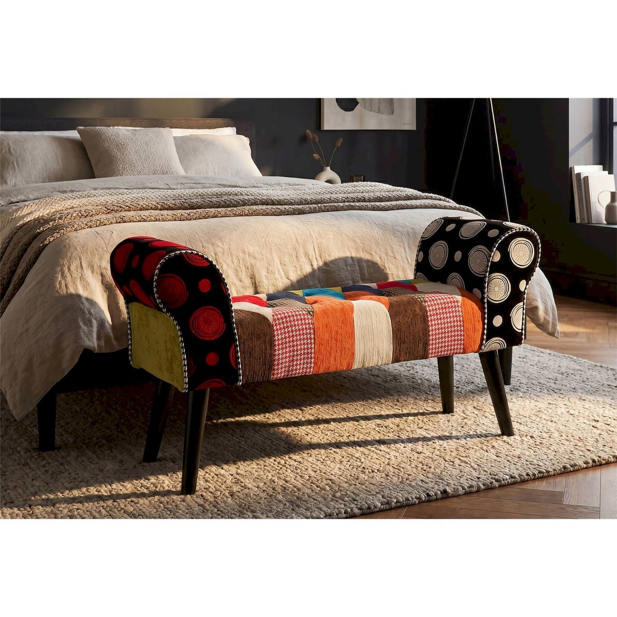 Banc capitonné patchwork pieds élancés INDUSTRIAL multicolore, RECOLLECTION