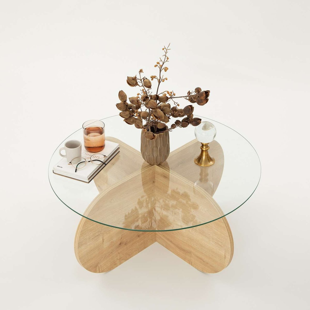 Table basse ronde avec plateau en verre LUMINIX beige, TOILINUX