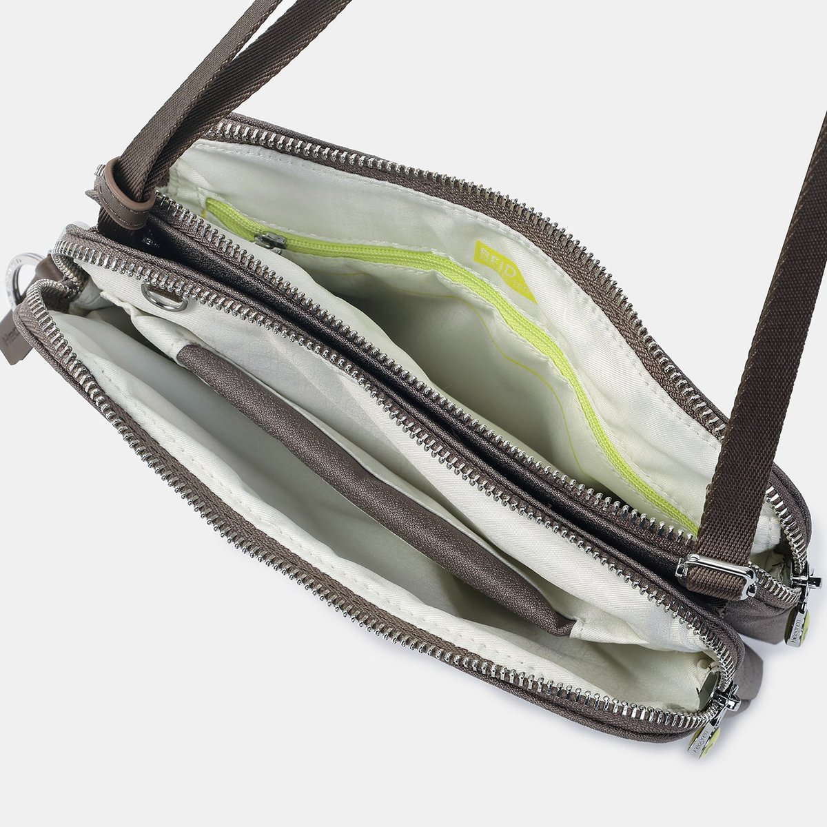 Sac bandoulière fin double compartiment sécurisé vintage taupe, HEDGREN