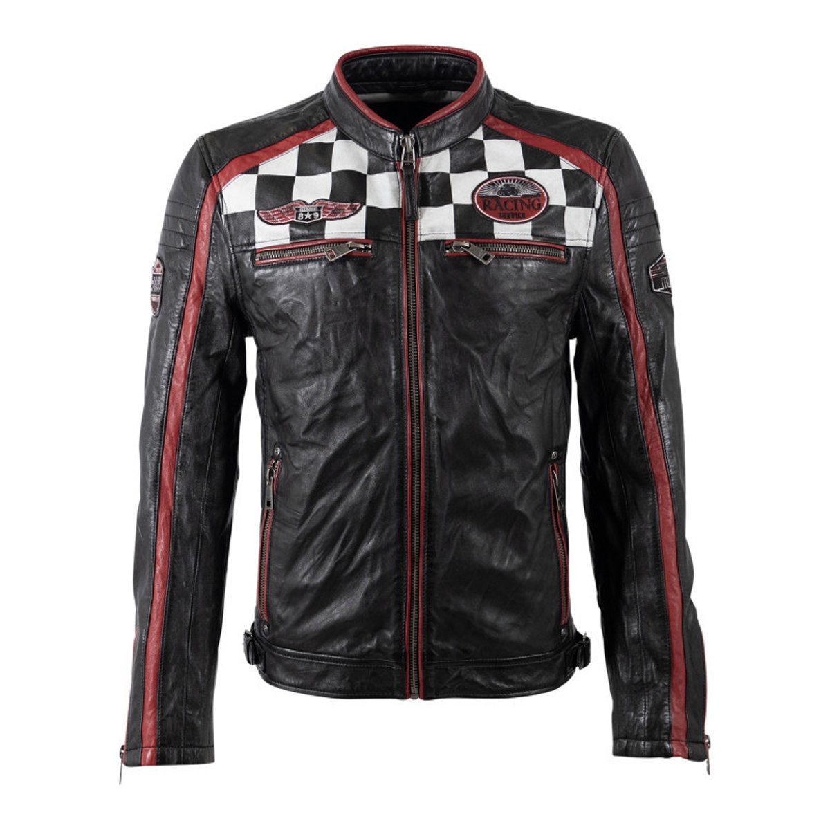 Blouson en cuir de mouton noir uni avec une coupe droite et un col rond noir, GIPSY