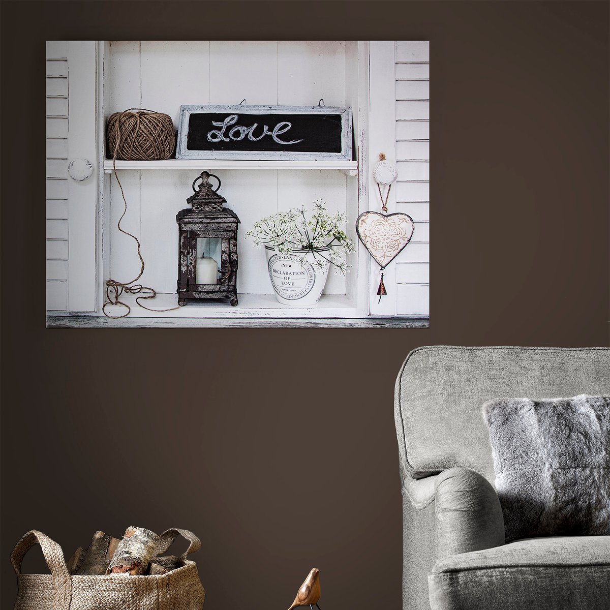 Toile Imprimée Étagère Scandi LOVE blanc, gris, ART FOR THE HOME