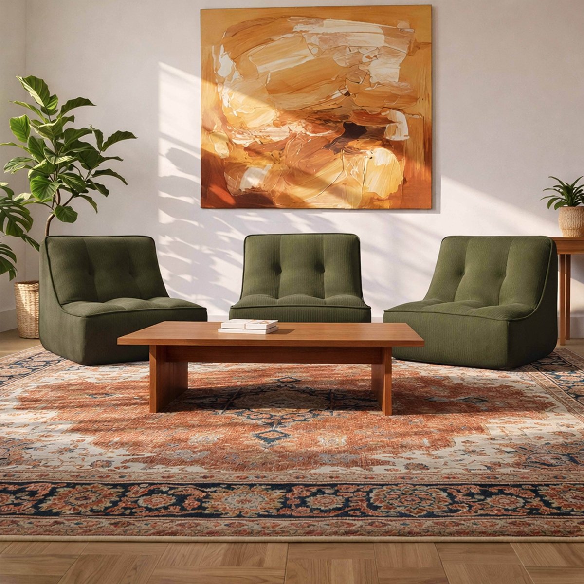 Fauteuils modulables en velours côtelé type chauffeuse - Lot de 3, LIZY vert, OVIALA
