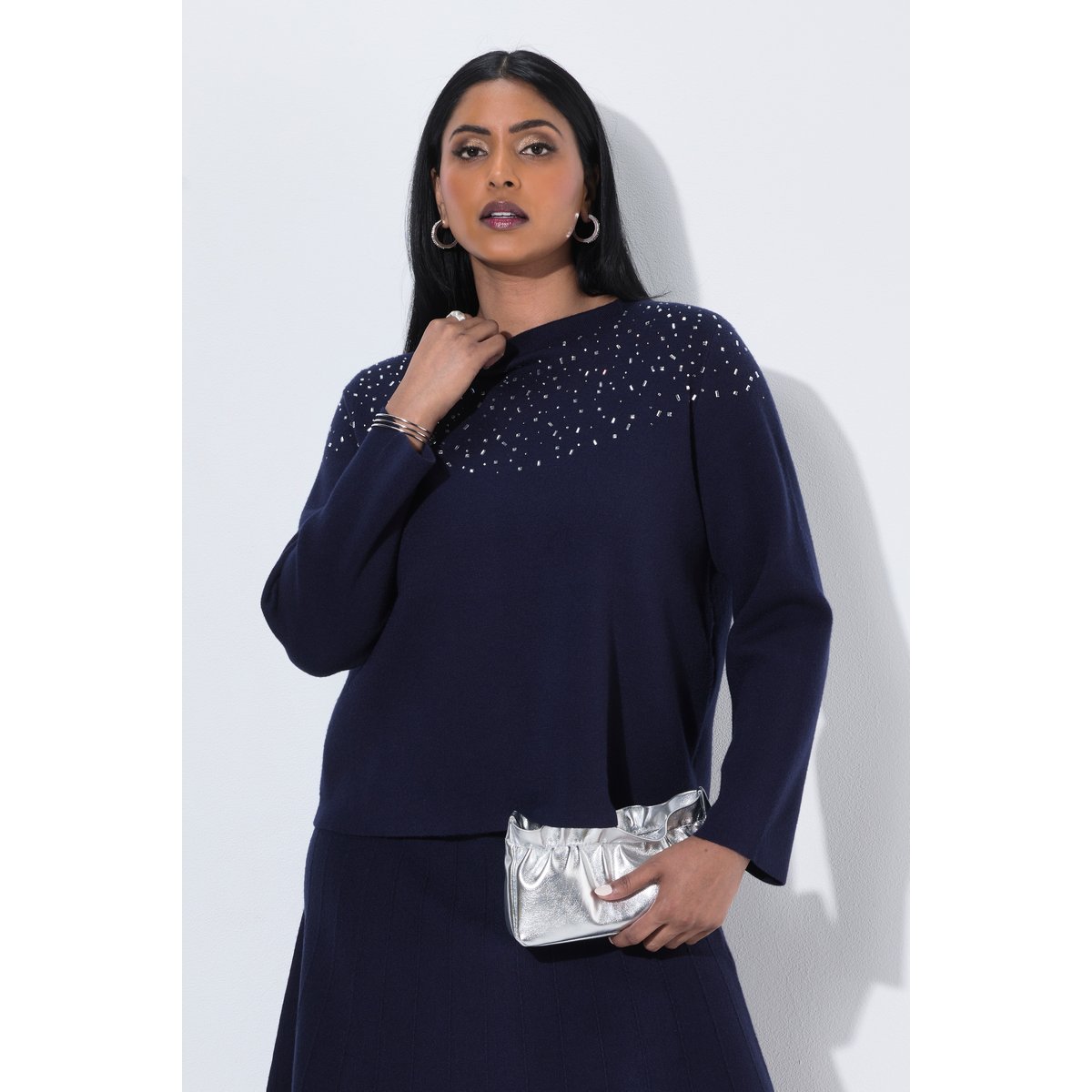 Pull en maille Milano, petits strass marine foncé, ULLA POPKEN